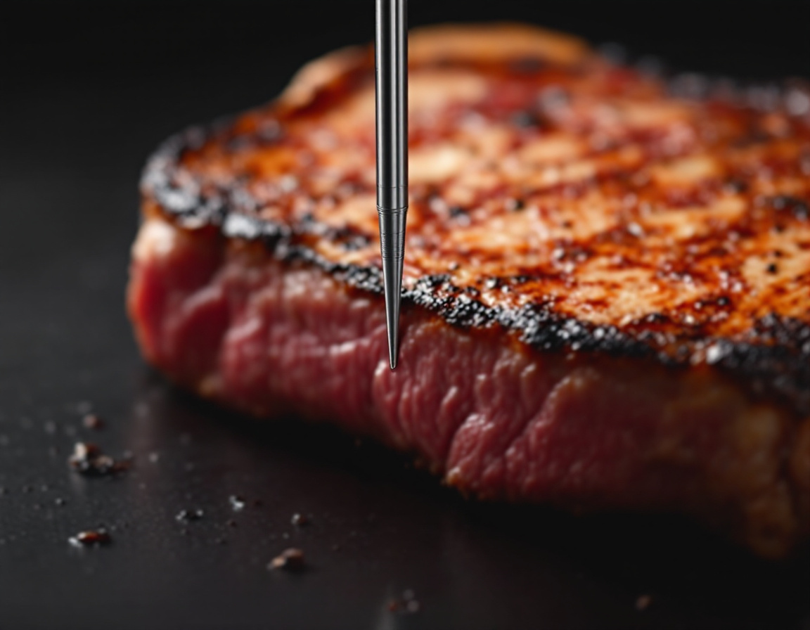 Metal meat-thermometer probe poised over a seared steak