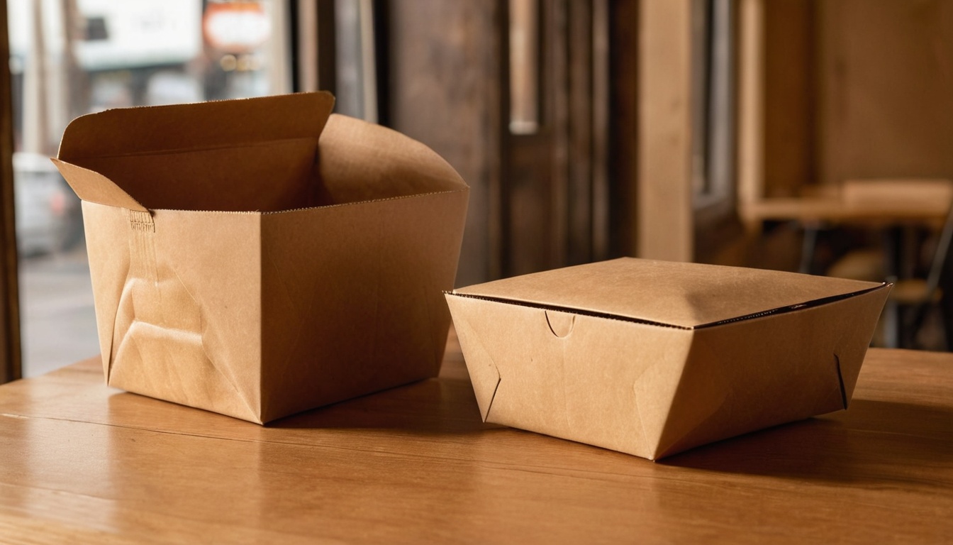 Generated illustration of a plain brown bag and closed takeout box.