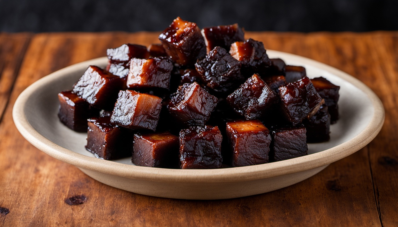 Dark glazed barbecue-style cubes in a shallow dish on a wooden counter.