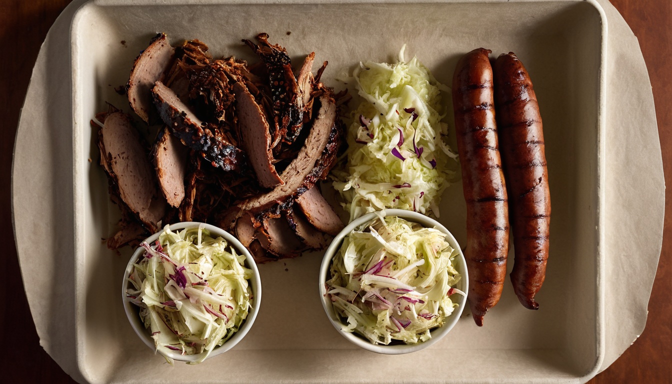 Mixed barbecue tray with cooked meat, sausage links and slaw