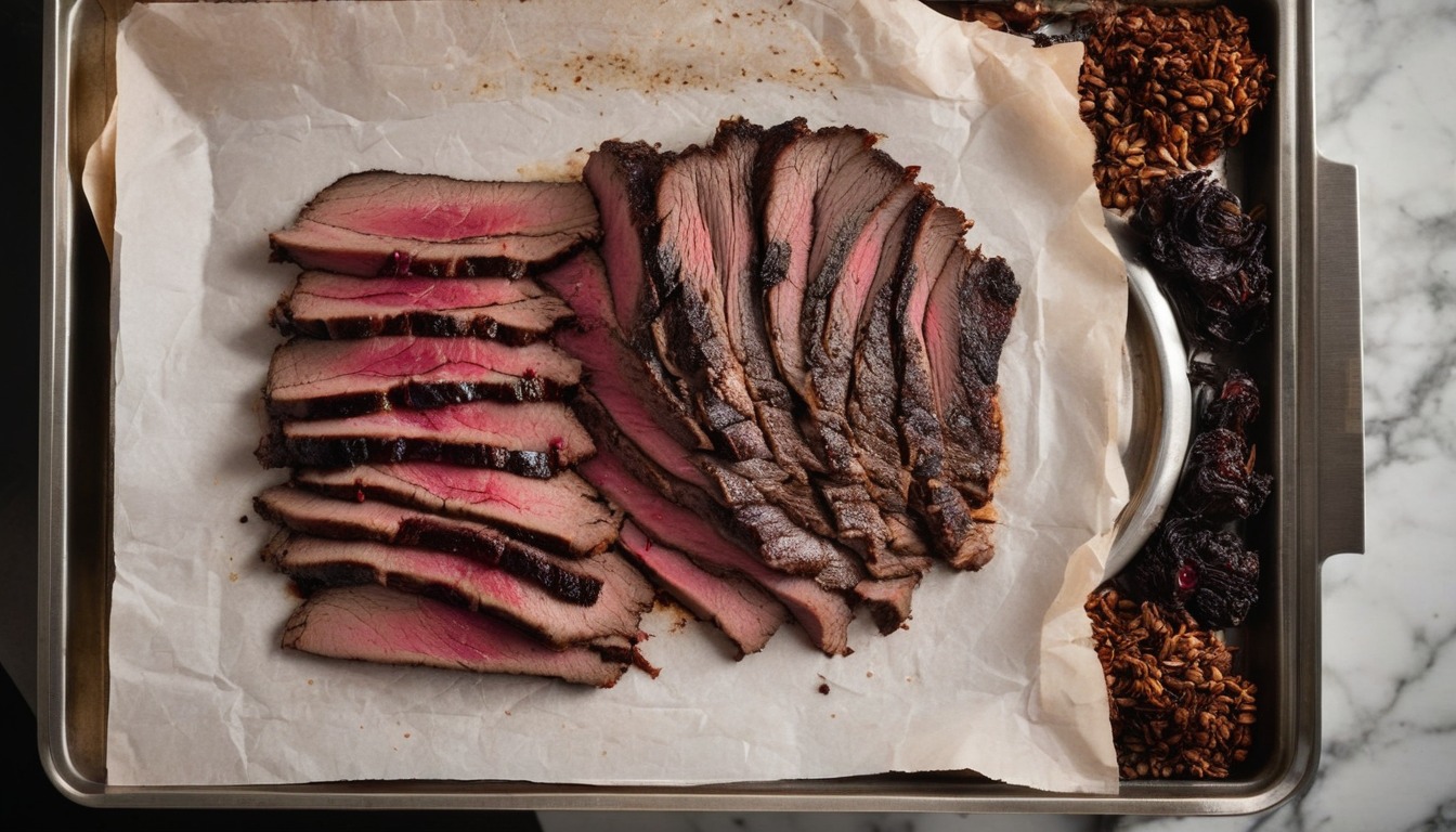 Sliced smoked brisket with a dark bark resting on butcher paper on a steel tray