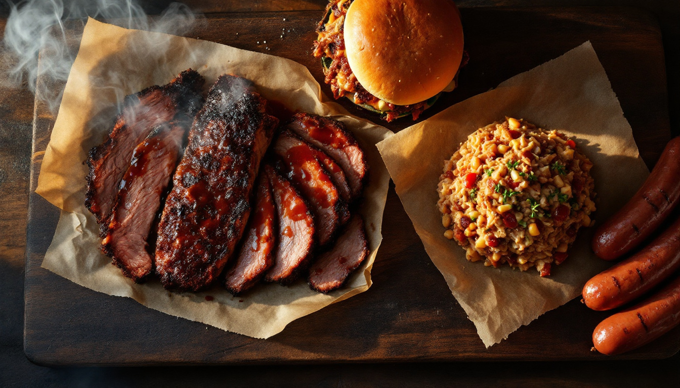 Editorial composition of a barbecue spread: sliced brisket with smoke ring, Memphis spare ribs, pulled pork on a bun, and grilled sausages on butcher paper