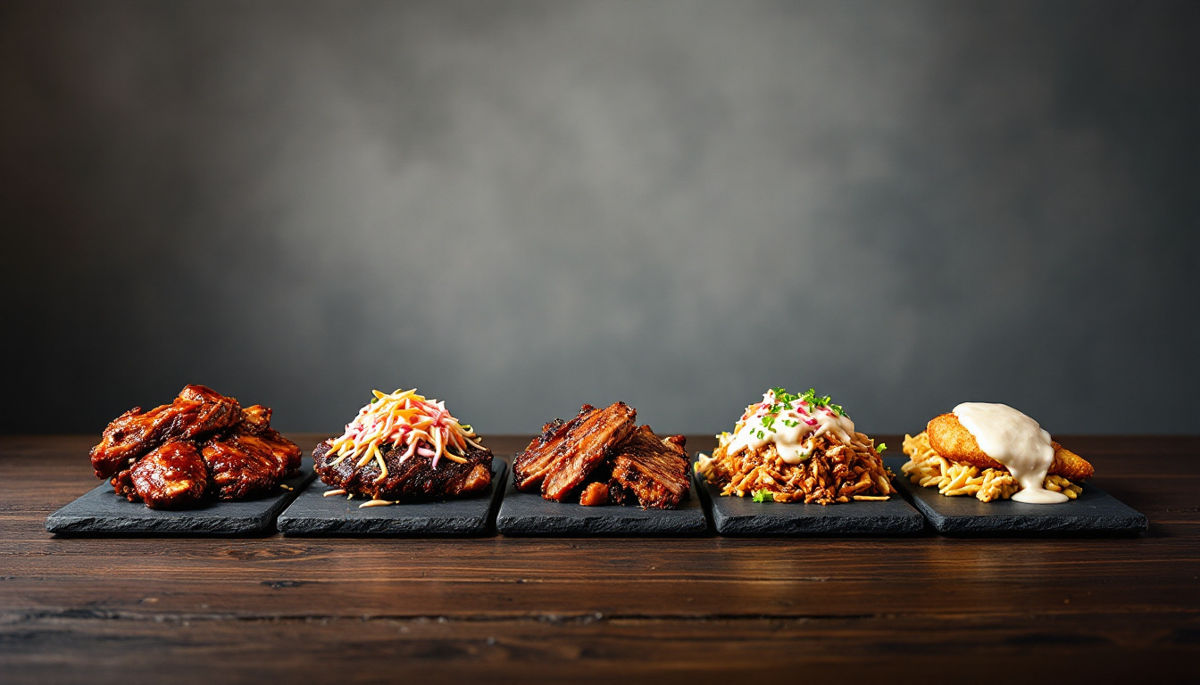 Editorial overhead of five small slate boards each holding a different regional BBQ plate: Texas brisket, Kansas City burnt ends, Memphis dry ribs, Carolina pulled pork, Alabama white sauce chicken