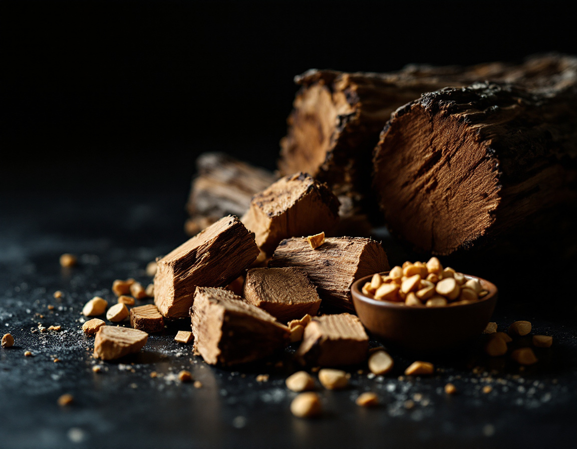 Editorial still life: hickory wood chunks next to a single split log of oak and a small bowl of apple wood chips