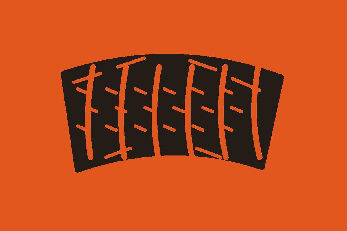 Two-colour linocut illustration of a cooked connected beef back-rib rack with six long bones and bark hatching