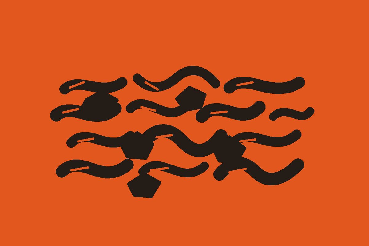 Two-colour linocut illustration of cooked pork shoulder pulled into irregular separated strands and chunks