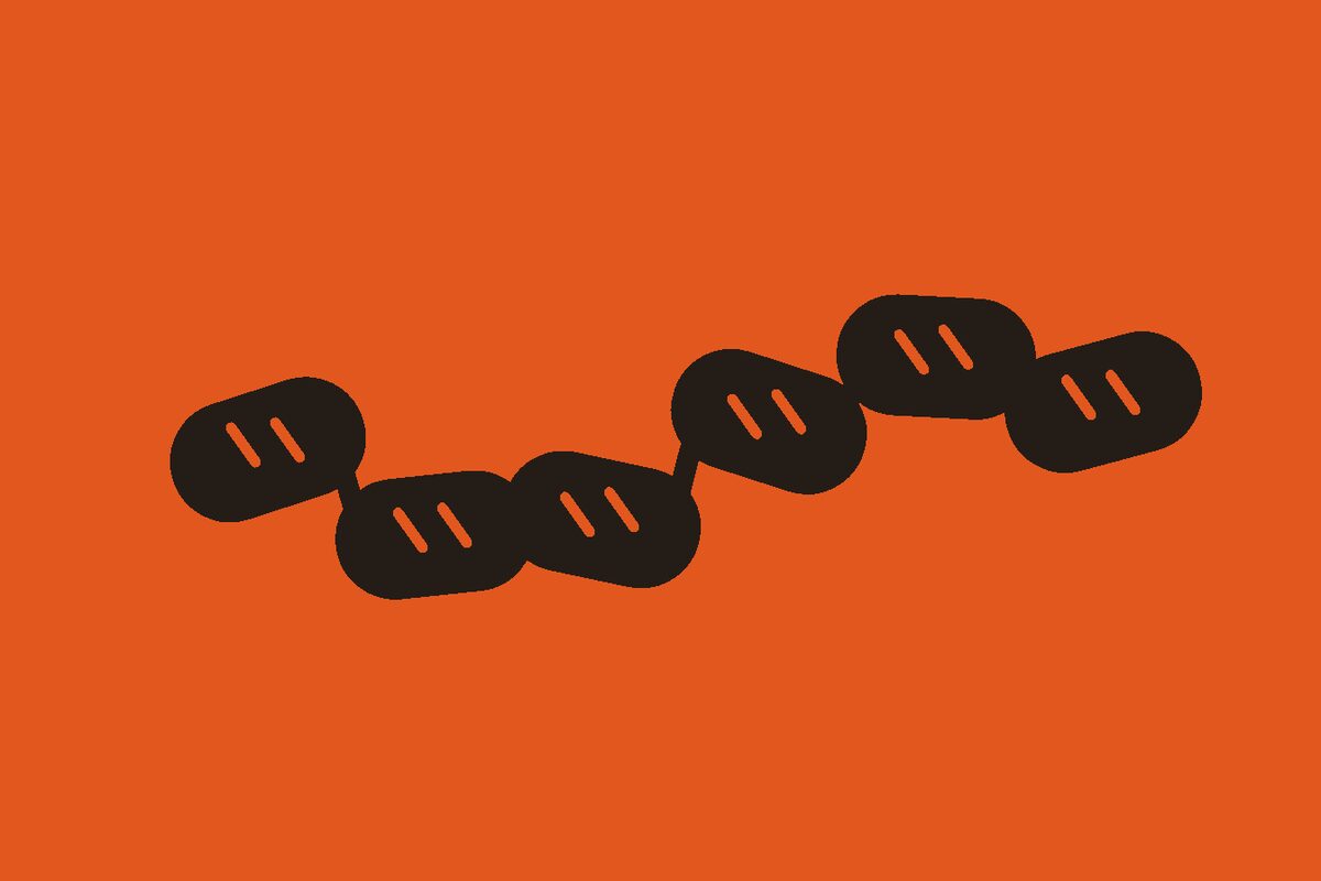 Two-colour linocut illustration of one connected chain of six cooked sausage links with char marks