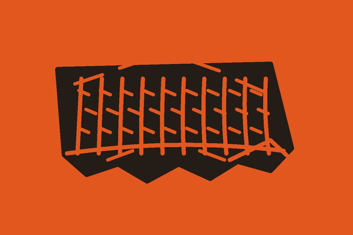Two-colour linocut illustration of a cooked full connected spare-rib rack with attached tips, flap, and bark hatching