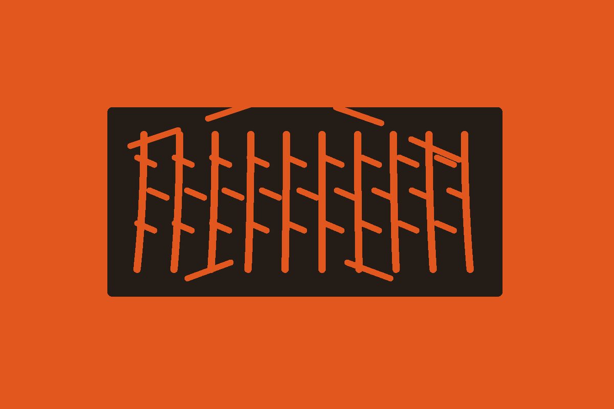 Two-colour linocut illustration of a cooked rectangular connected St. Louis-cut rib rack with bark hatching