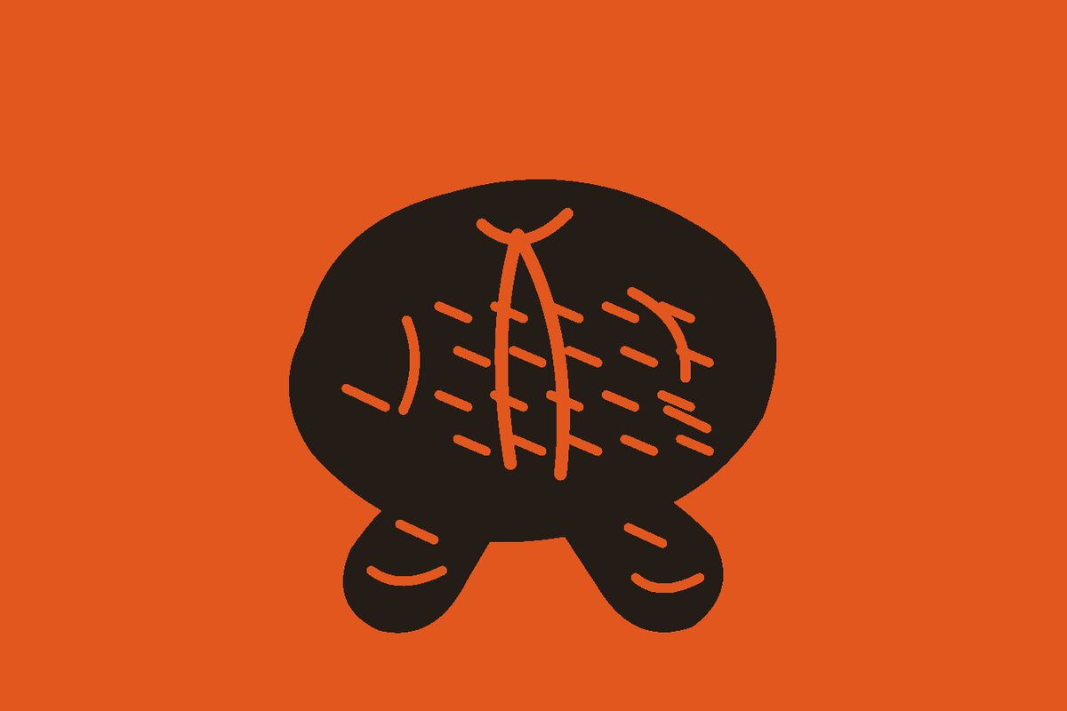 Two-colour linocut illustration of one cooked dressed chicken with a plump breast, two tucked wings, two drumsticks, and carved marks