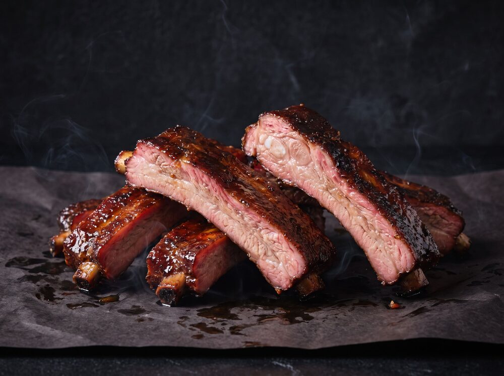 Illustration: smoked pork spare ribs cut into individual bones