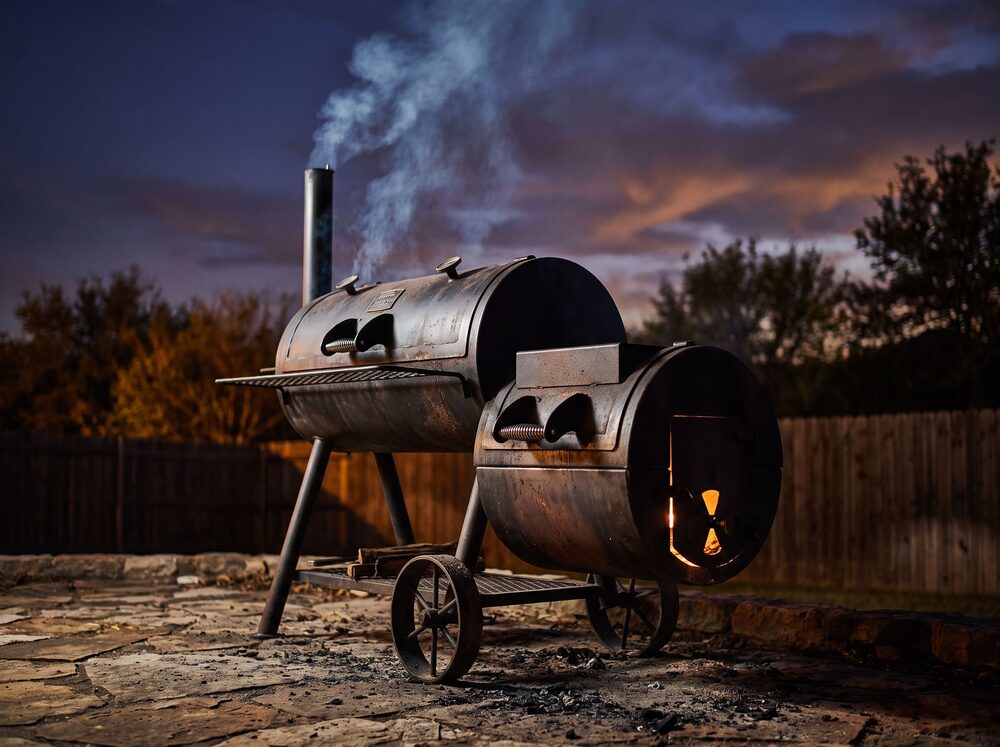 Illustration: offset smoker with thin smoke at dusk